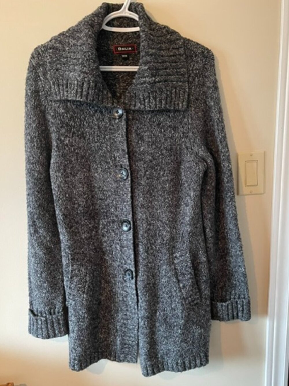 DALIA - Collar Button Front Cardigan Sweater-Greys/White Textured Wool Type Sz M